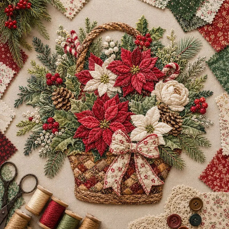🌸🧵 Premium Floral Basket Patchwork DIY Kit | High-Quality Layered Fabric Bouquet with Raised Petals & Woven Basket Details ✨
