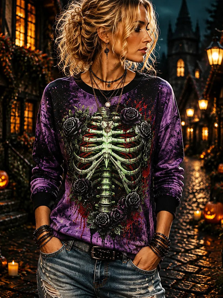 Women's Gothic Skeleton Ribcage Graphic Crewneck Sweatshirt - Dark Floral And Spooky Bones Print Pullover