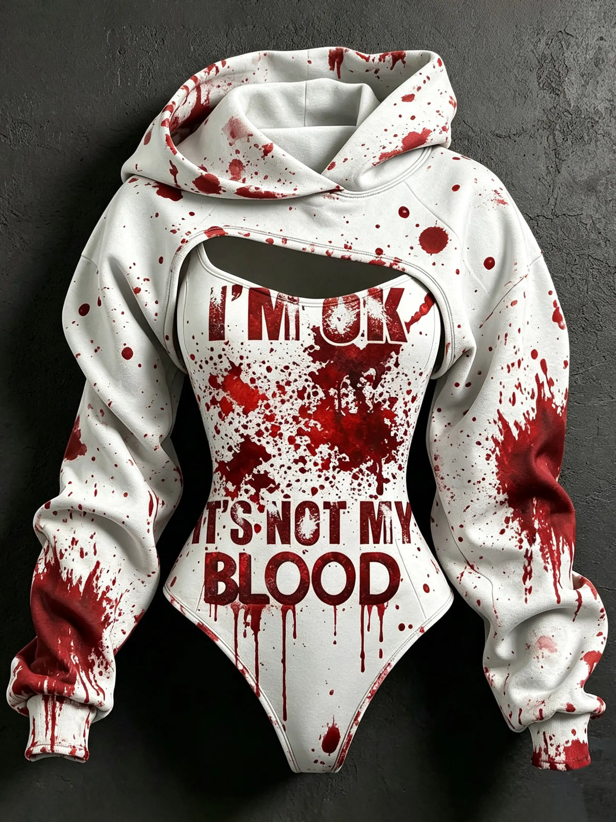 Women's Retro Halloween Bloodstain "i'm Ok It's Not My Blood" Print Hoodie Two-piece Set