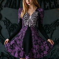 Women's Retro Halloween Human Bones And Floral Print Long-sleeved V-neck Dress