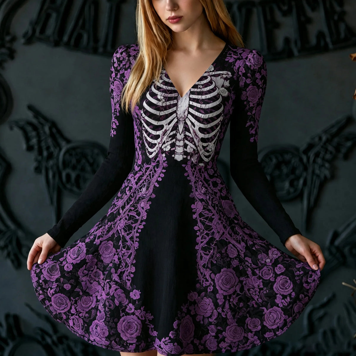 Women's Retro Halloween Human Bones And Floral Print Long-sleeved V-neck Dress