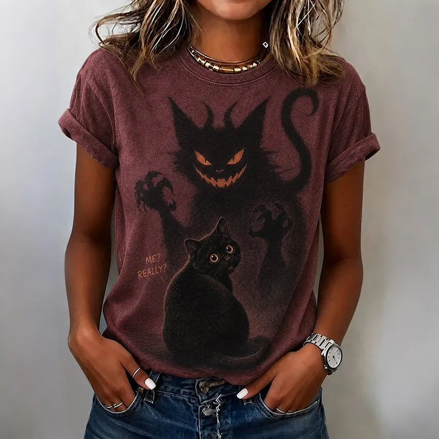 Women's Retro Halloween Me Really? Cat Print Casual T-shirt