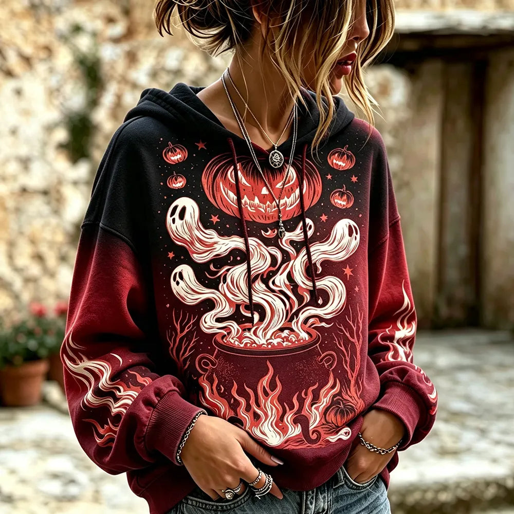 Women's Halloween Graphic Hooded Sweatshirt - Spooky Ghost And Pumpkin Print Pullover Hoodie