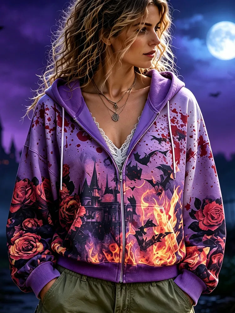Women's Drawstring Hooded Full-zip Sweatshirt - Gothic Spooky Castle, Silhouette Bats, Blazing Flames And Blooming Rose Blossoms Print Jacket
