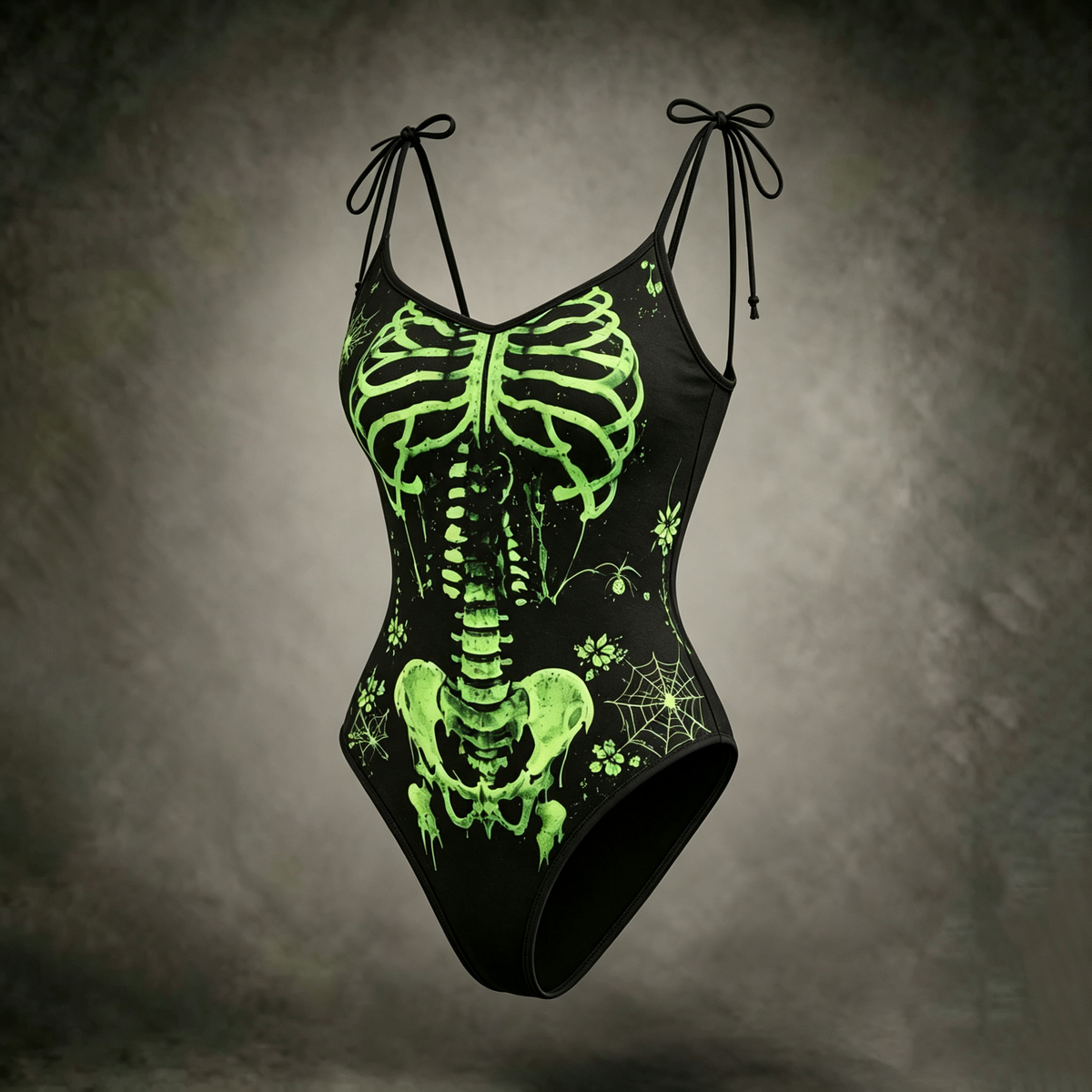Women's Dark Retro Halloween Skeleton Spider Web Floral Print Three-piece Set