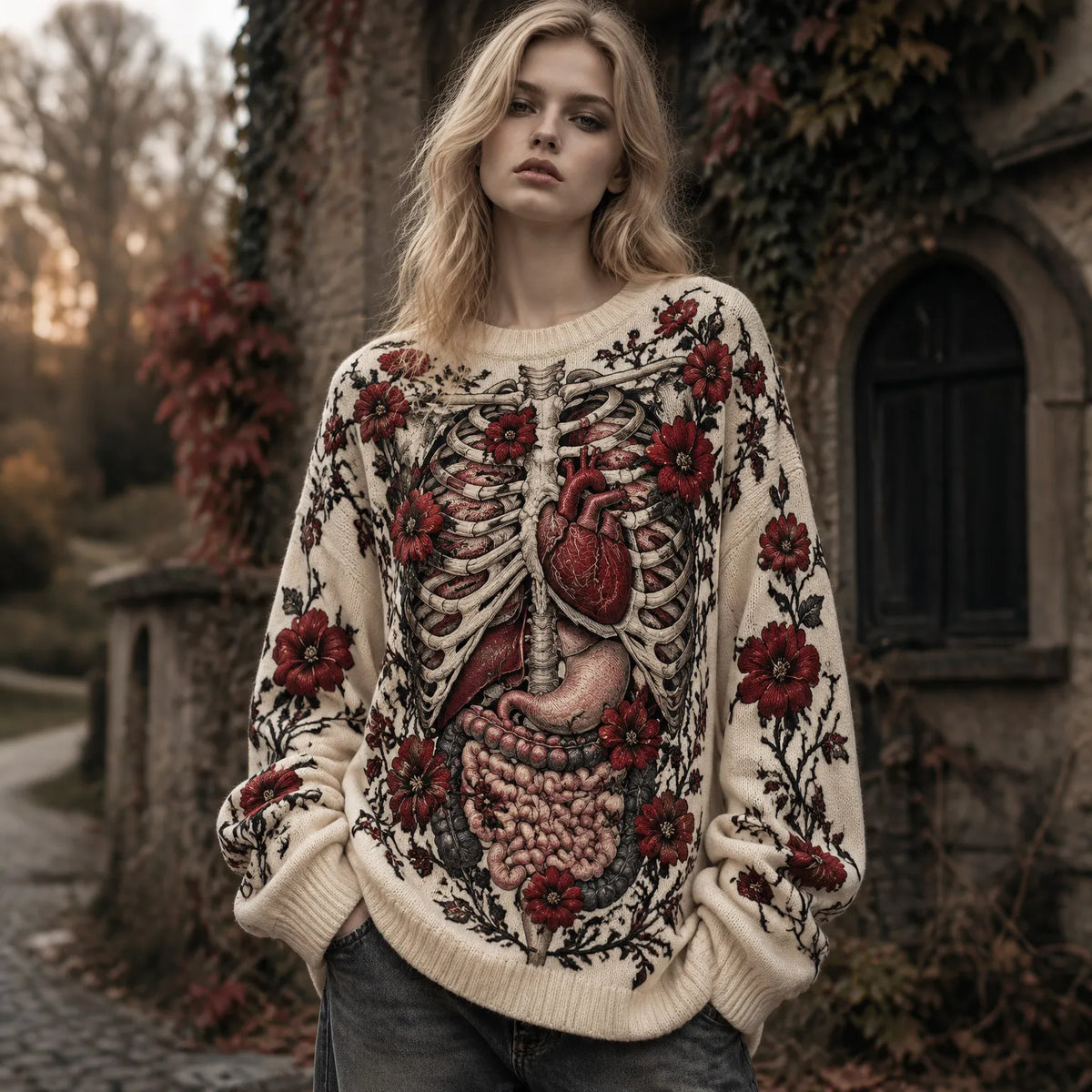 Women's Retro Halloween Anatomy Art  Print Cozy Sweater