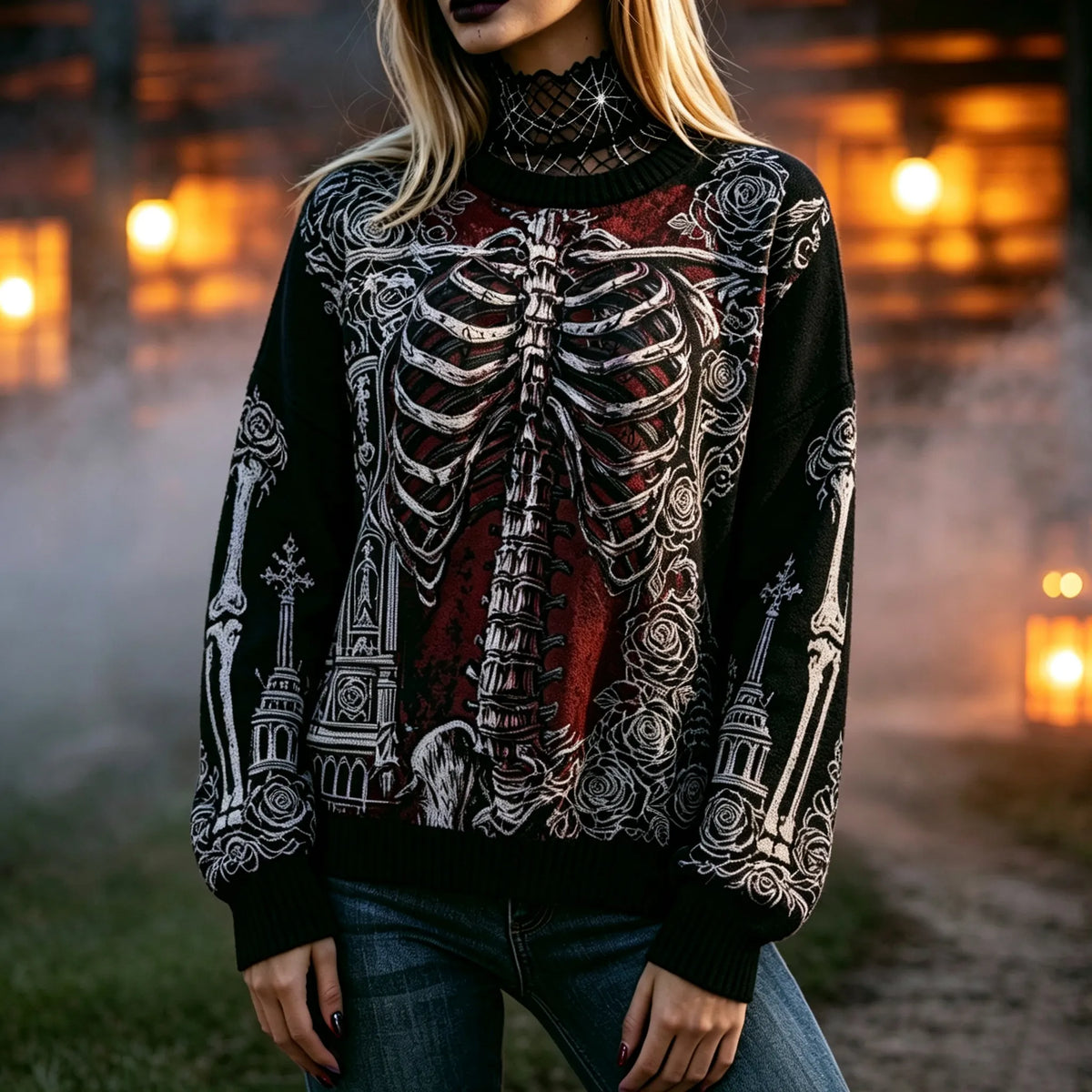 Women's Halloween Human Skeleton Design Print Sweater