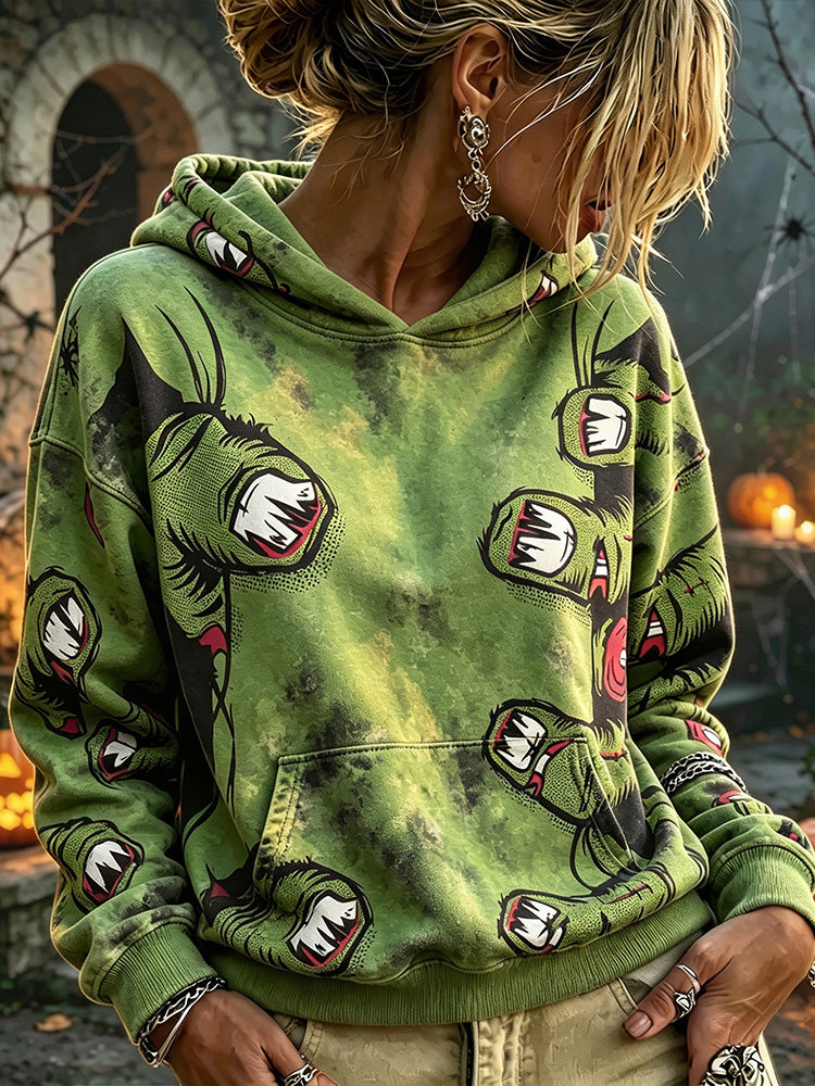 Women's Halloween Distressed Tie-dye Zombie Hand Pattern Loose Casual Hooded Top