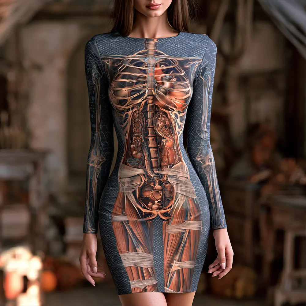 Women's Halloween Human Skeleton And Organs Art Slim Fit Long Sleeve Dress