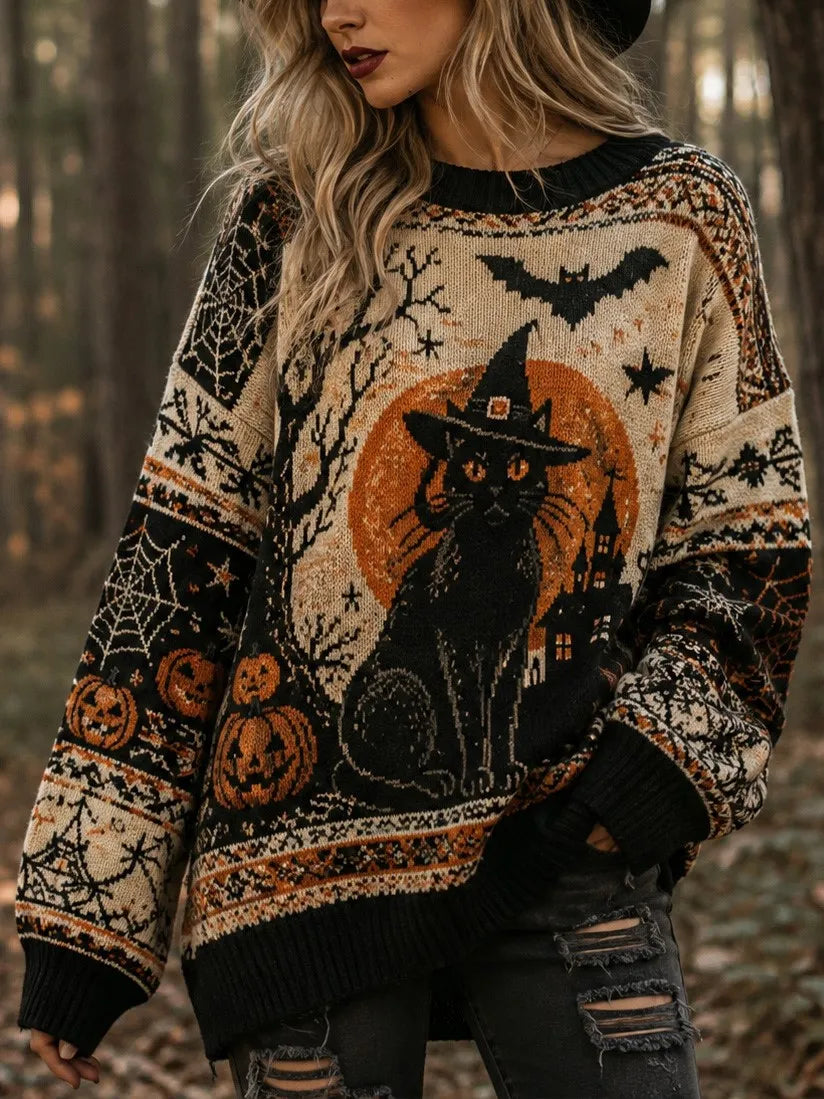 Women's Retro Halloween Theme Cat Witch Print Sweater