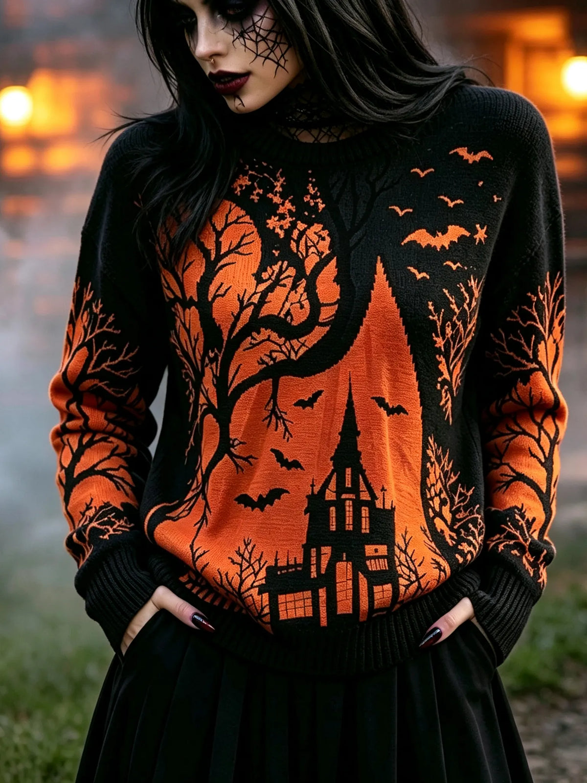 Women's Halloween Gradient Treehouse Design Print Sweater