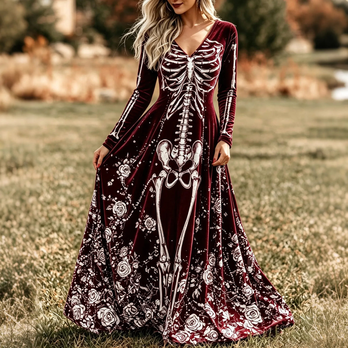 Women's Vintage Skeleton Roses Art Print V Neck Long Sleeve Velvet Maxi Dress