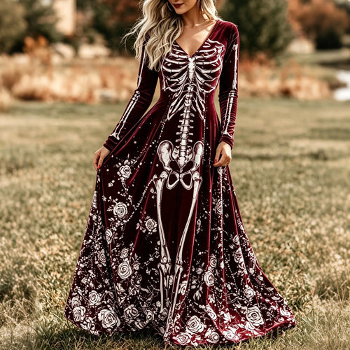 Women's Vintage Skeleton Roses Art Print V Neck Long Sleeve Velvet Maxi Dress