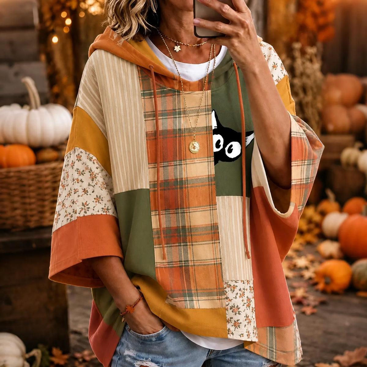Women's Color-blocked Floral Black Cat Print Loose Hoodie