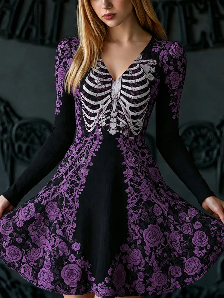 Women's Retro Halloween Human Bones And Floral Print Long-sleeved V-neck Dress