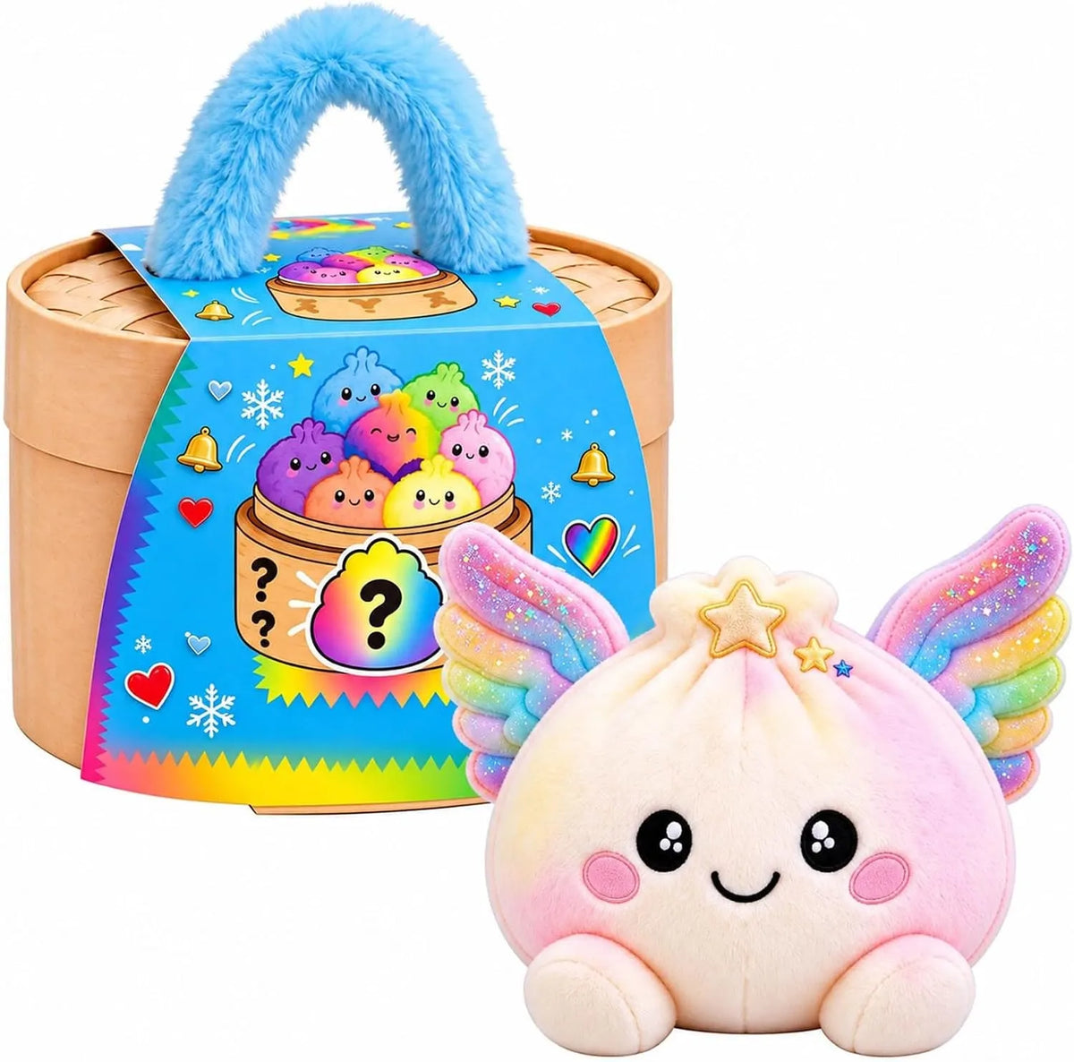 Cute Rainbow Dumpling Squishy – Soft Plush Stress Relief Squeeze Toy with Steamer