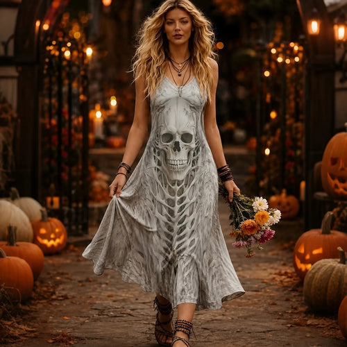 Women's Retro Skull Art 3d Printing Halloween Sleeveless Dress