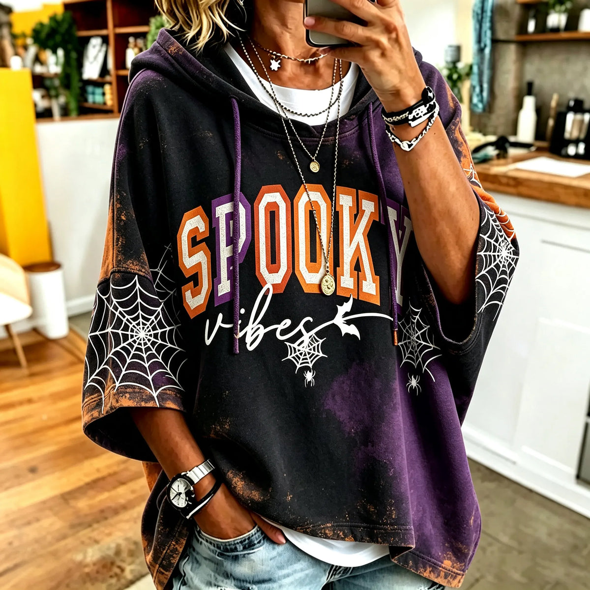Women's Retro Halloween Spooky Vibe Print Casual Hooded Sweatshirt