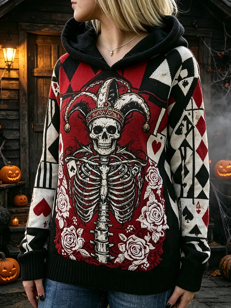 Women's Halloween Gothic Clown Skeleton Print Cozy Art Knit Hooded Sweater