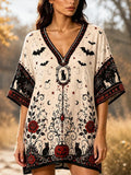 Women's Casual V-neck Kimono-style Mini Dress With Halloween Bat, Black Cat, Pumpkin, And Gothic Rose Print