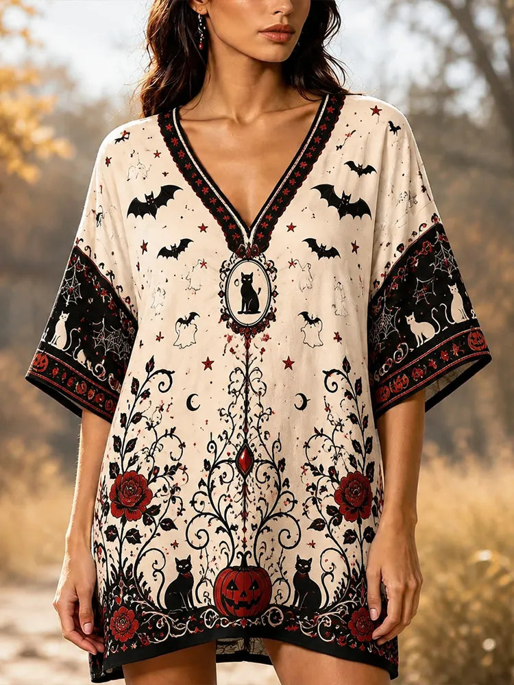 Women's Casual V-neck Kimono-style Mini Dress With Halloween Bat, Black Cat, Pumpkin, And Gothic Rose Print