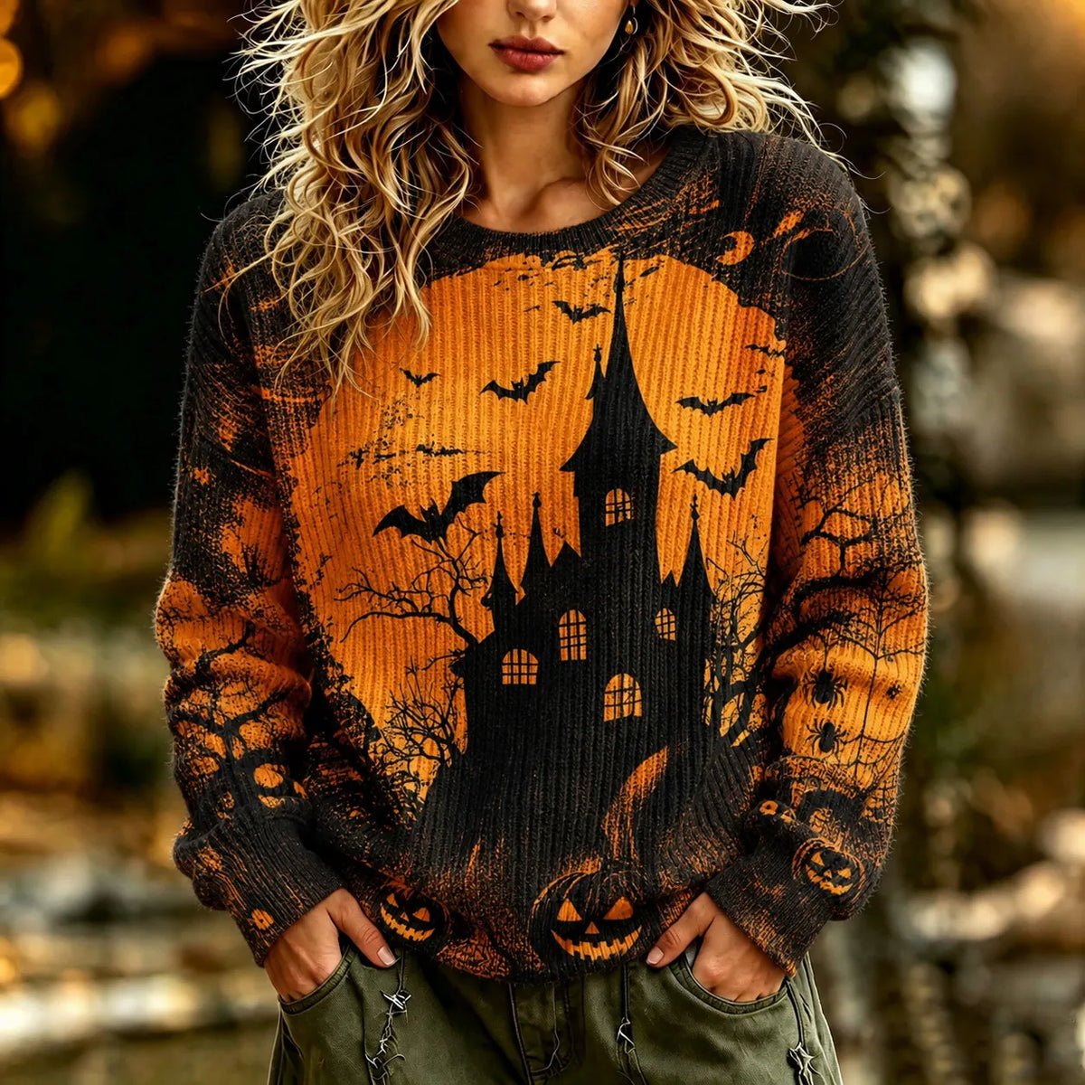 Women's Retro Halloween Themed Bat And Castle Print Sweater