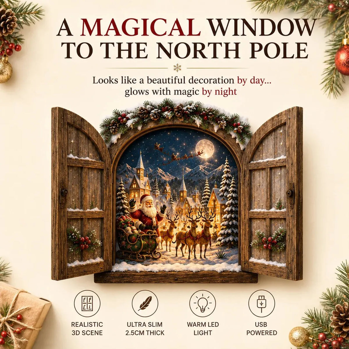🎅 Santa’s Secret Window Light 🎅– 3D Lighted North Pole Christmas Wall Decor
