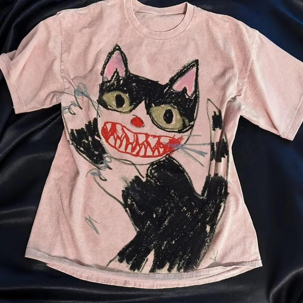 Women's Horror Cat Crayon Art Print Short Sleeve T-shirt