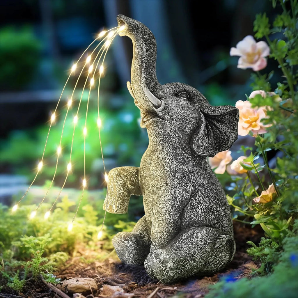 Solar Garden Decor Watering Elephant Statues