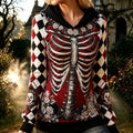 Women's Halloween Gothic Skeleton Poker Flowers Print Cozy Art Knit Hooded Sweater