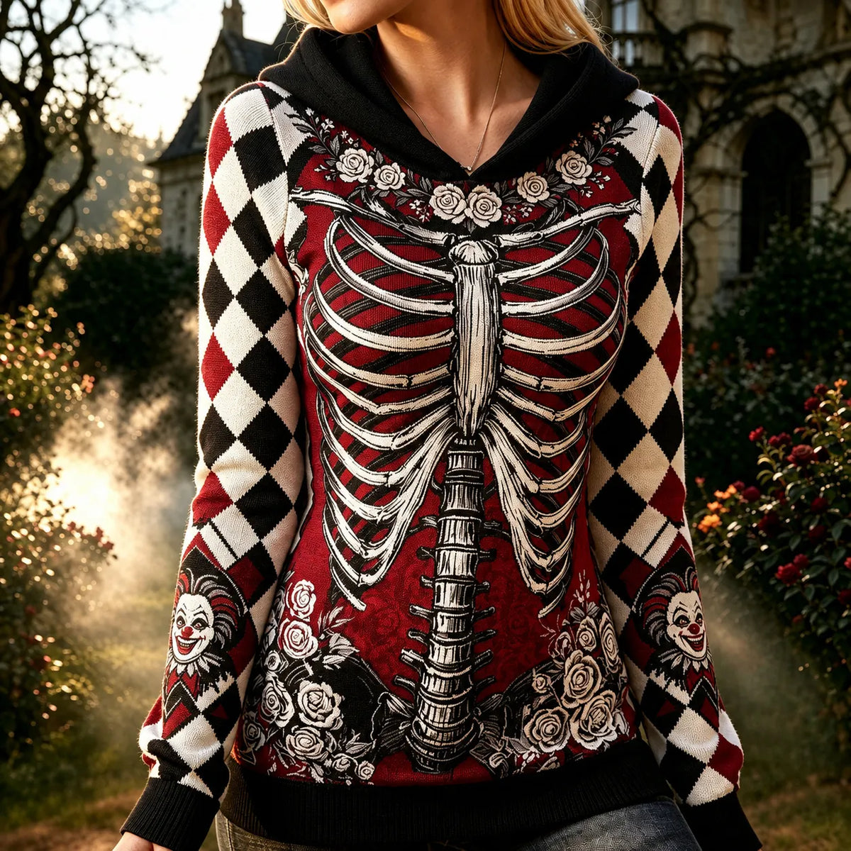 Women's Halloween Gothic Skeleton Poker Flowers Print Cozy Art Knit Hooded Sweater