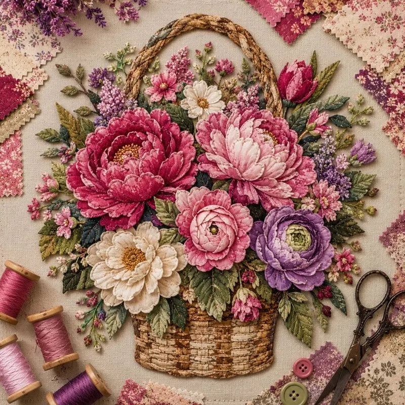 🌸🧵 Premium Floral Basket Patchwork DIY Kit | High-Quality Layered Fabric Bouquet with Raised Petals & Woven Basket Details ✨
