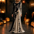 Women's Crewneck Long Sleeve Maxi Dress - Gothic Split-tone Design, Skeletal Ribcage And Pelvis Anatomy, Dripping Blood Splatters, And Twining Rose Vines Print Dress
