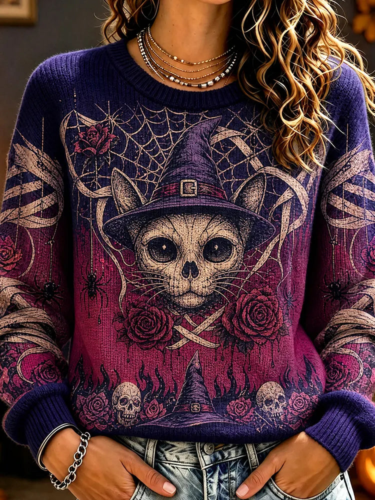 Women's Crewneck Knit Sweater Featuring Witch Cat Skull, Roses, And Spiderwebs
