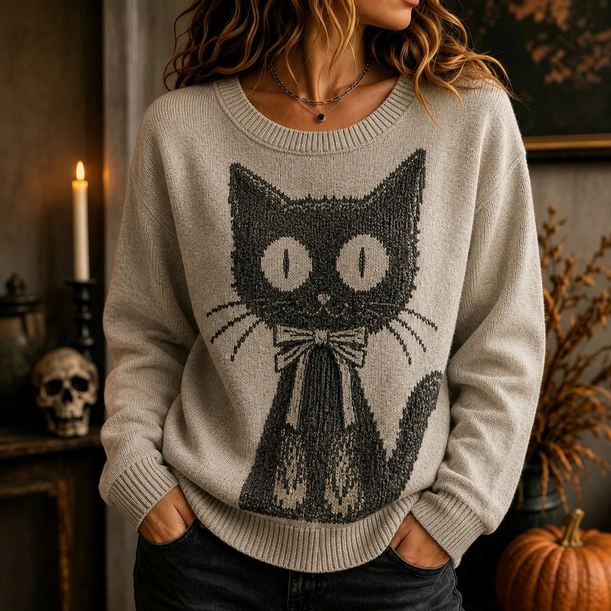 Women's Retro Halloween Bow Cat Knit Crew Neck Sweater