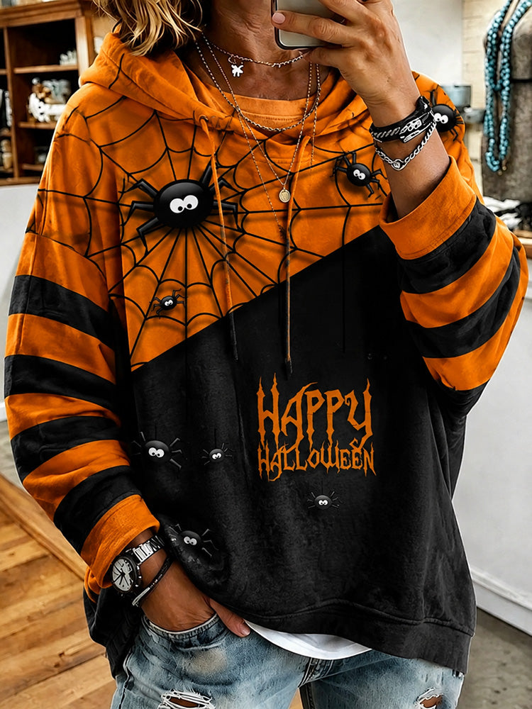 Women's Happy Halloween Color-block Print Casual Hoodie