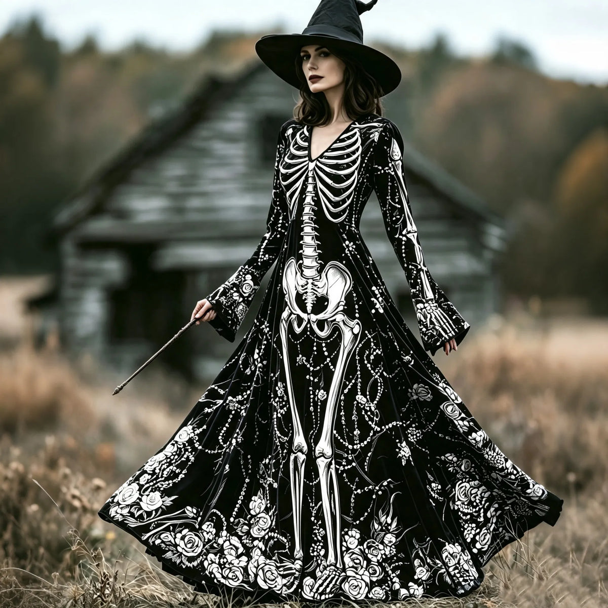 Women's Gothic Skeleton With Floral Art Print V Neck Velvet Maxi Dress