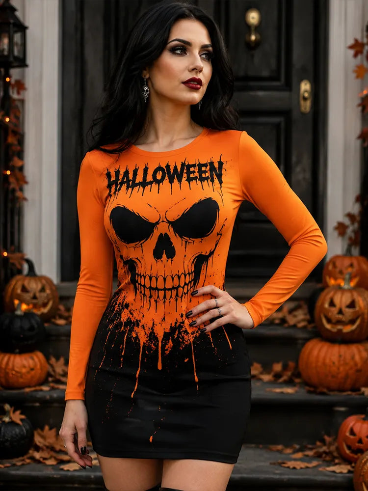 Women's Halloween Bodycon Mini Dress - "halloween" Lettering And Spooky Skull Print Long Sleeve Dress