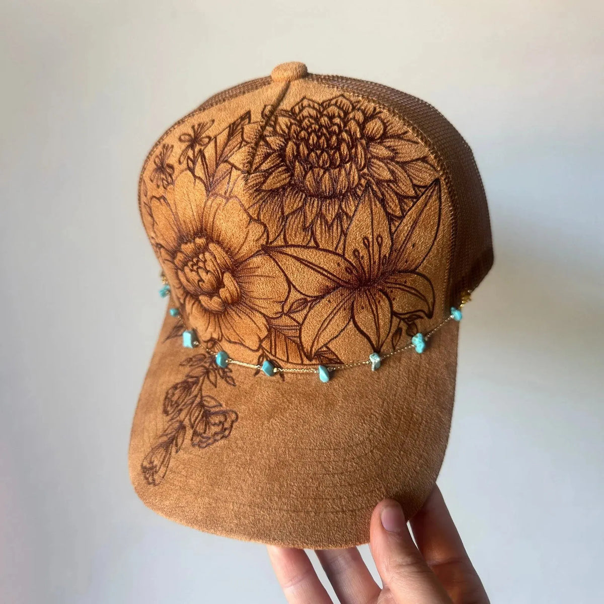 🌸Flower Patch Burned Suede Trucker Hat with Dainty Turquoise Stone Chain