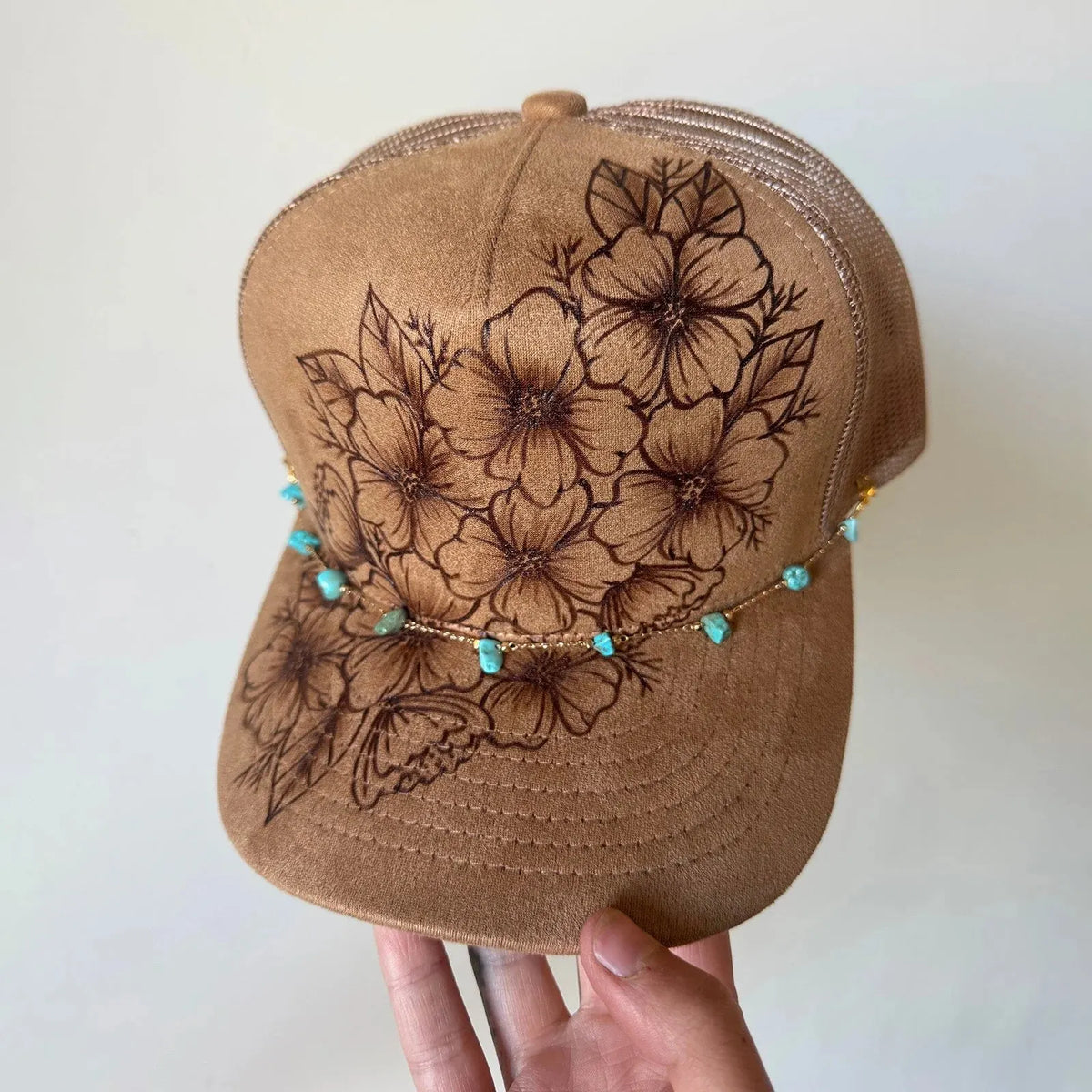 🌸Flower Patch Burned Suede Trucker Hat with Dainty Turquoise Stone Chain