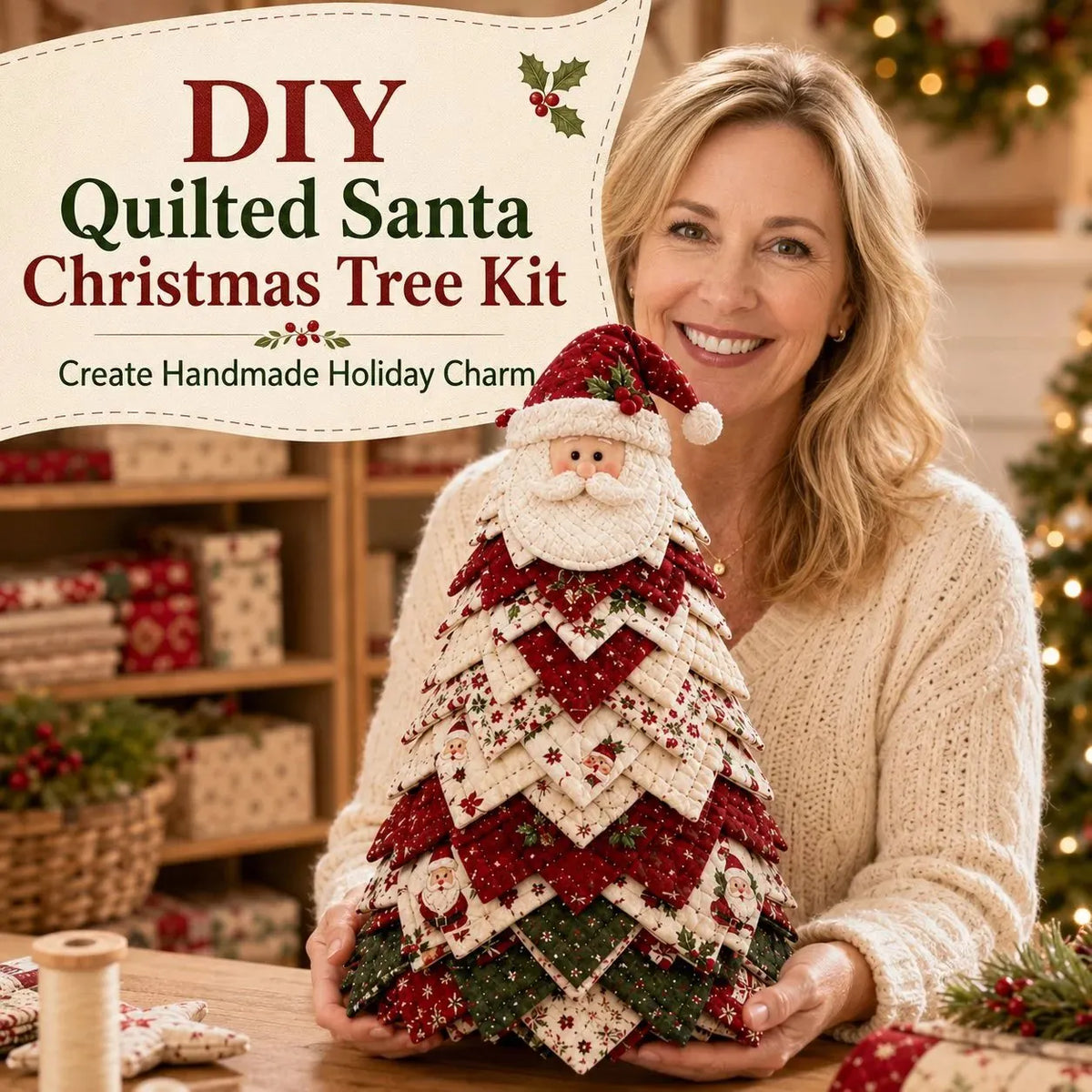 🎉🎄DIY Quilted Santa Christmas Tree Kit – Handmade Fabric Holiday Tabletop Tree Decor