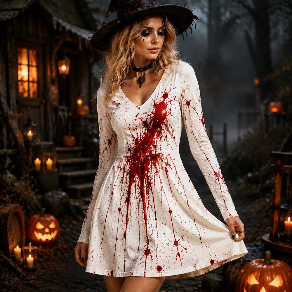 Women's Halloween Long Sleeve V-neck Dress - Horror Blood Splatter And Scary Costume Mini Dress