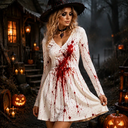 Women's Halloween Long Sleeve V-neck Dress - Horror Blood Splatter And Scary Costume Mini Dress