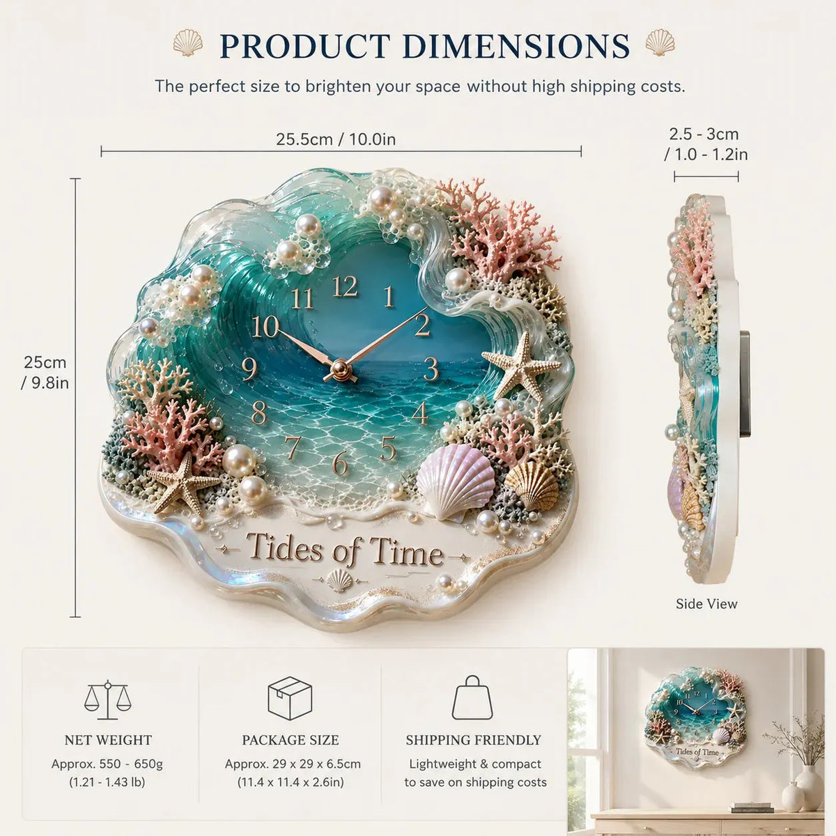 Tides of Time Ocean Wave Wall Clock – Iridescent Coastal Décor with Pearls, Seashells & Coral