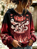 Women's Halloween Graphic Hooded Sweatshirt - Spooky Ghost And Pumpkin Print Pullover Hoodie