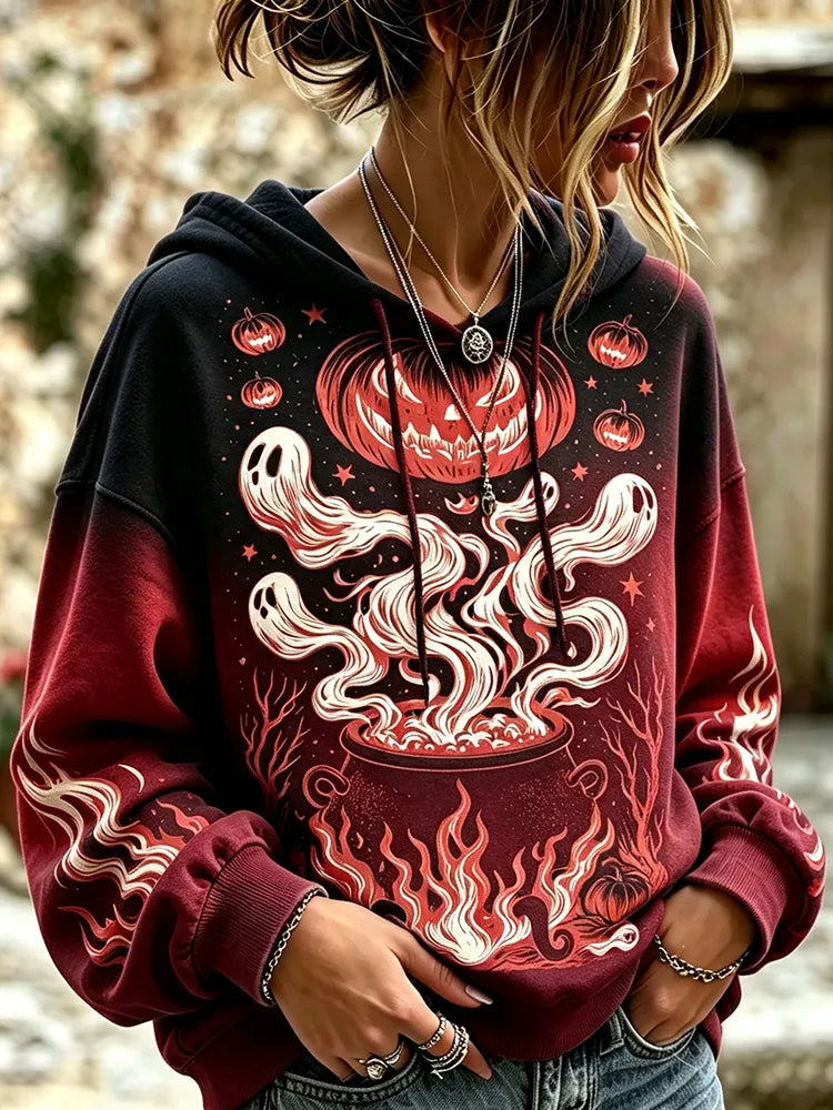 Women's Halloween Graphic Hooded Sweatshirt - Spooky Ghost And Pumpkin Print Pullover Hoodie
