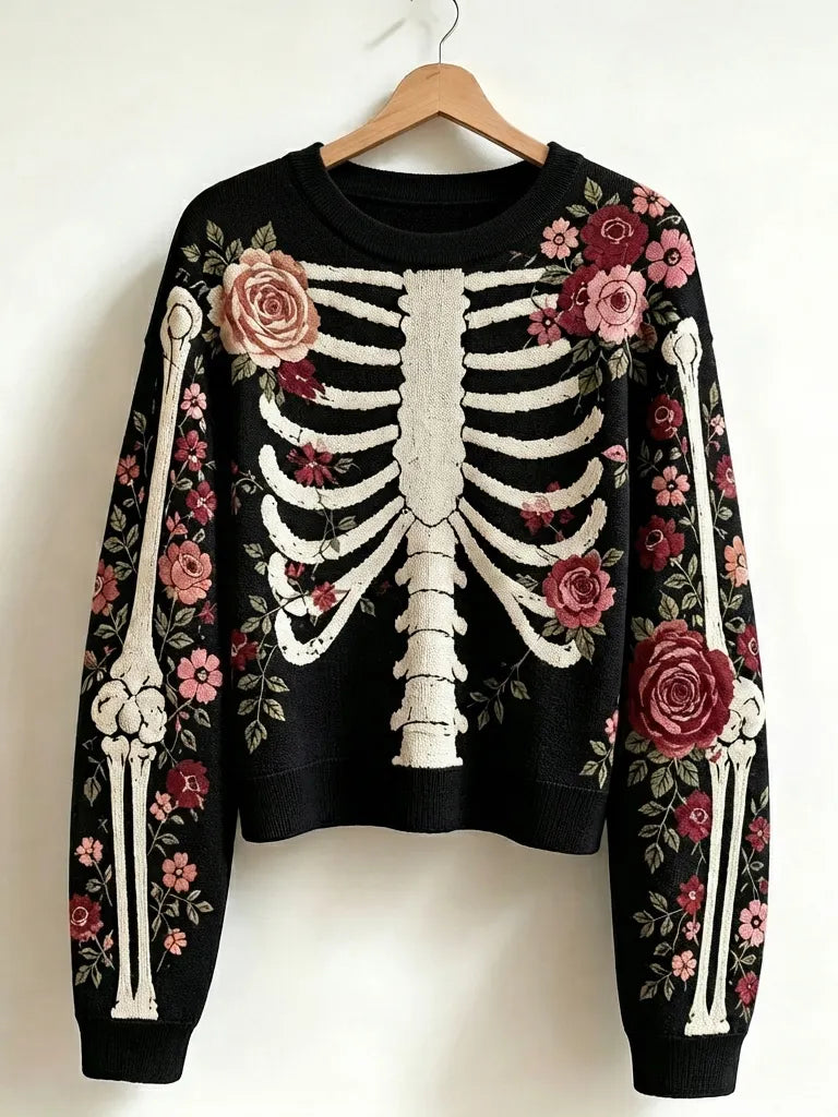 Women's Vintage Skeleton And Rose Art Cozy Sweater