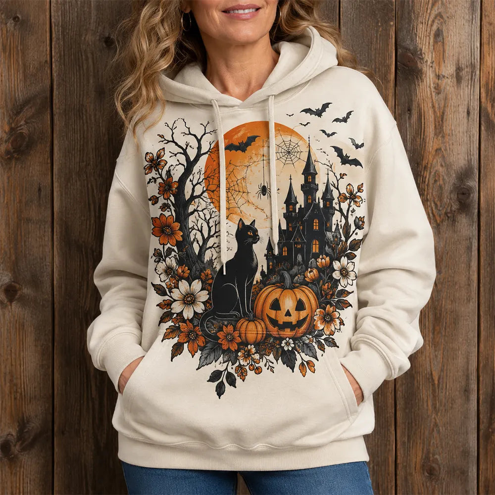 Women's Casual Hooded Sweatshirt In Off-white With Halloween Black Cat, Haunted Castle, Pumpkin, And Floral Wreath Print