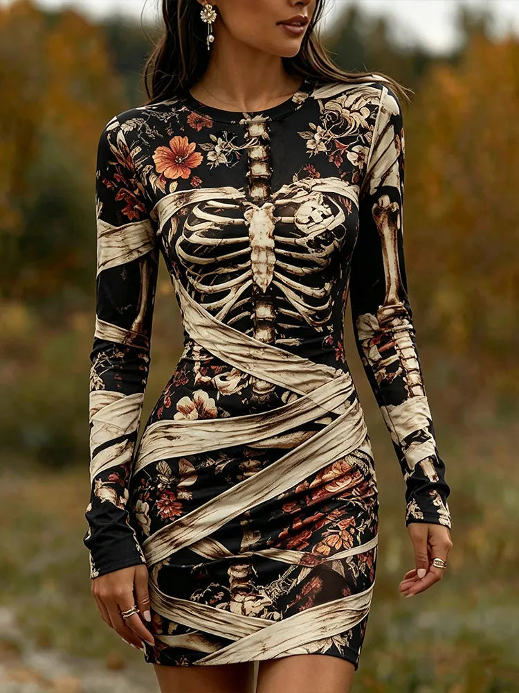 Women's Gothic Floral Skull Long-sleeved Wrap Bandage Print V-neck Halloween Party Dress