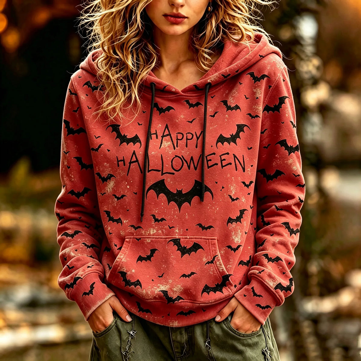 Women's Retro Halloween Bat Print Hooded Sweatshirt
